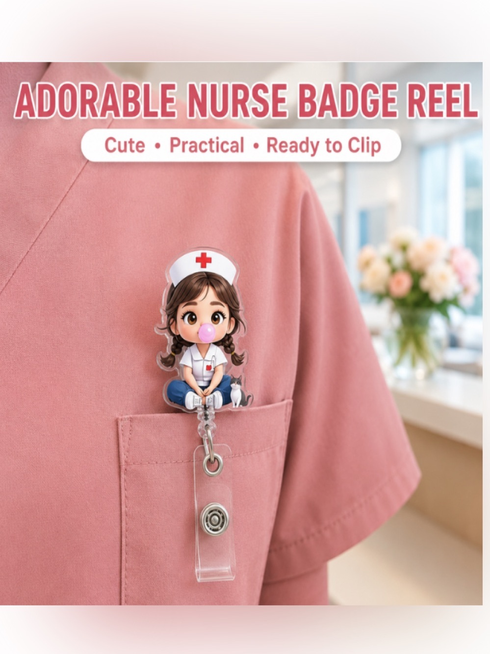 Cute Nurse Bubblegum Badge Reel w/Cat 2D flat